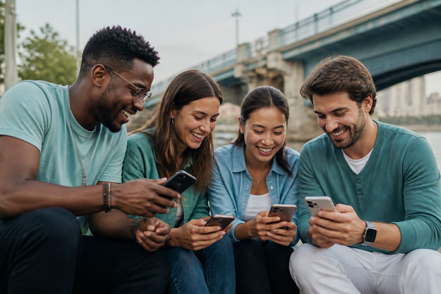 People using smartphones together in a trusted community setting